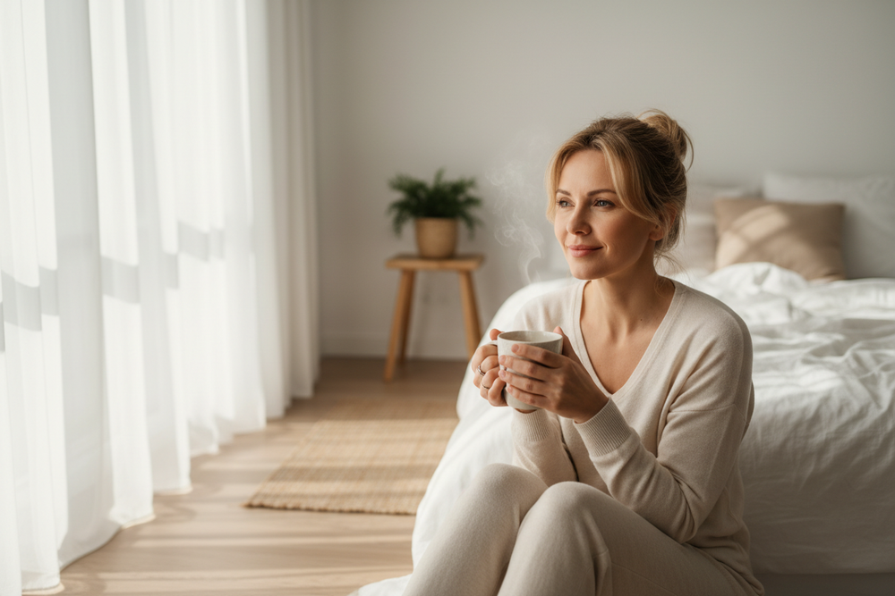 refreshed lady with a cup of coffee after a good night sleep